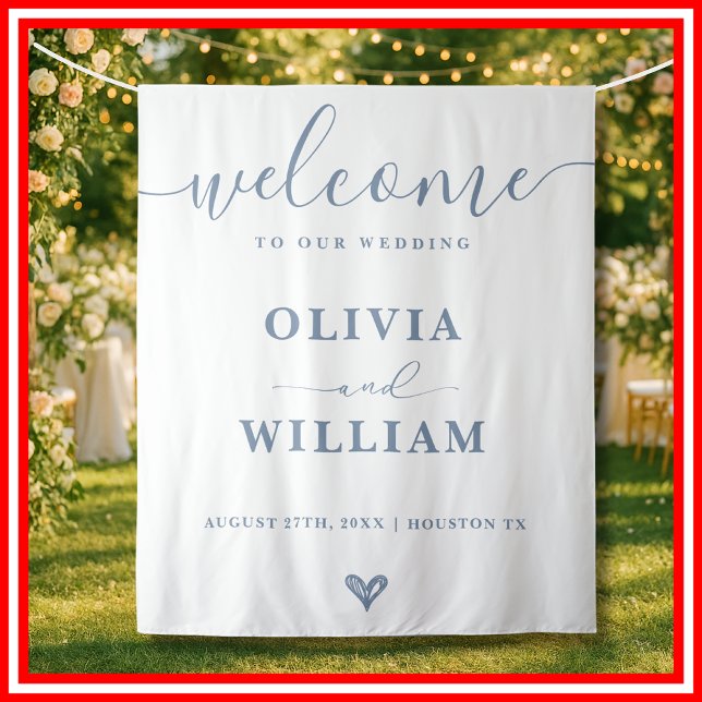 Dusty Blue Wedding Welcome Sign Backdrop Tapestry (Creator Uploaded)