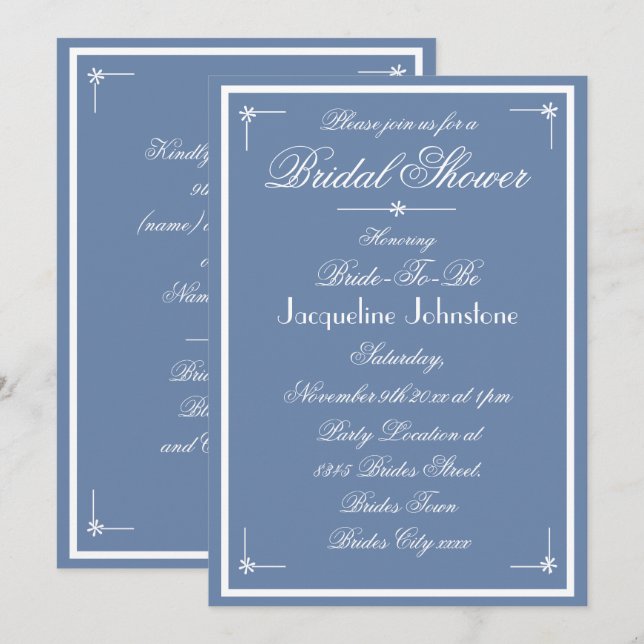Dusty Blue Wedding White Script Bridal Shower Invitation (Front/Back)