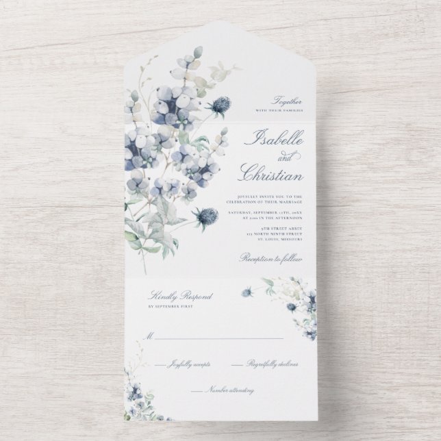 Dusty Blue Wedding Wildflower Greenery All In One Invitation (Inside)