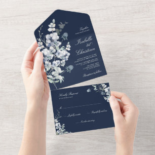 Dusty Blue Wedding Wildflower Greenery All In One  Invitation