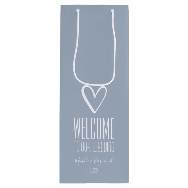 Dusty Blue Welcome to Our Wedding Wine Gift Bag (Front)