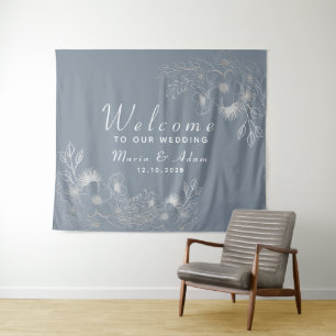 Dusty Blue Welcome Wedding Backdrop  Tapestry