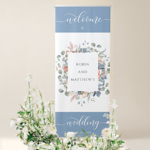 Dusty Blue,  Welcome Wedding, Greenery Floral Retractable Banner