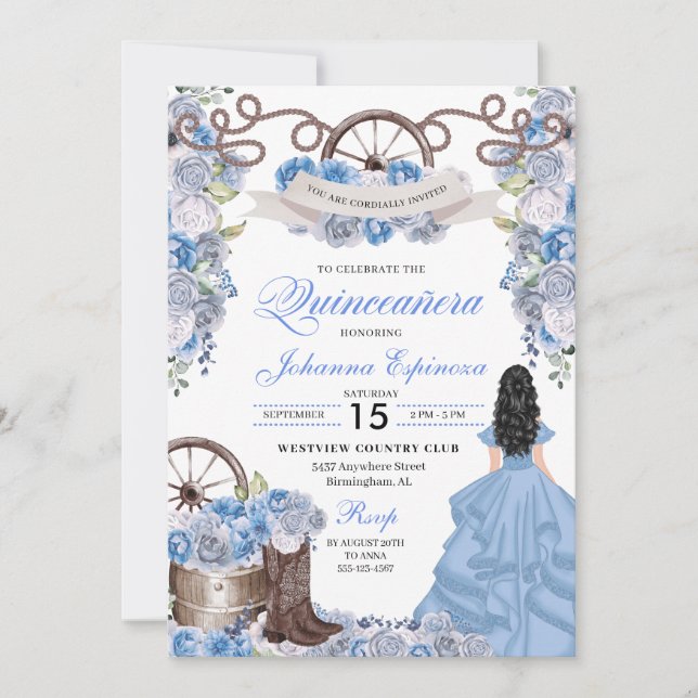 Dusty Blue Western Ranchero Quinceanera Invitation (Front)