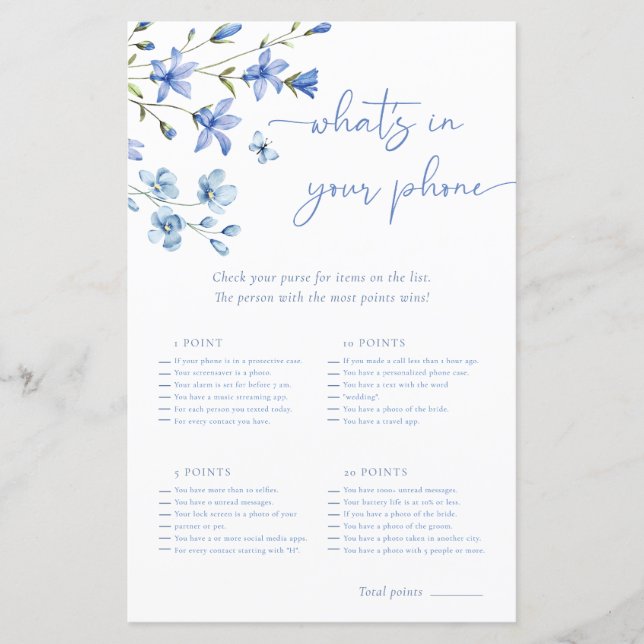 Dusty Blue What's In Your Phone Bridal Shower Game (Front)