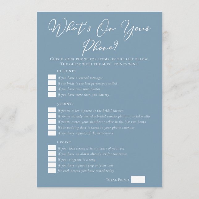 Dusty Blue What's On Your Phone Bridal Shower Card (Front)