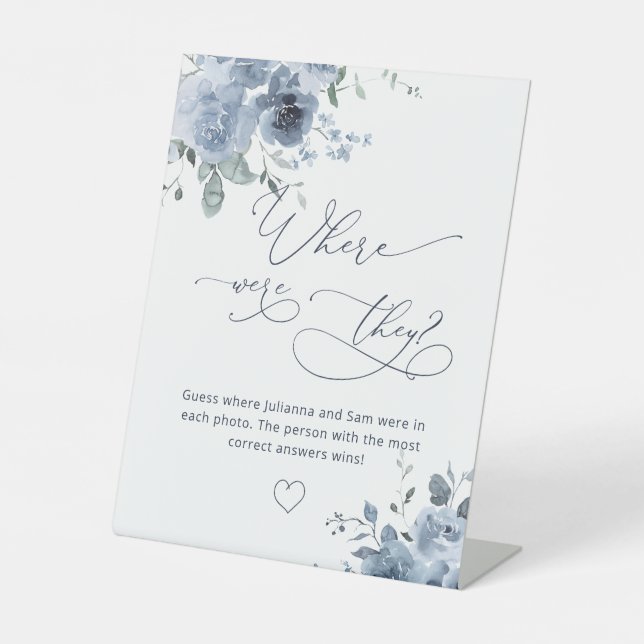 Dusty Blue Where Were They Bridal Shower Game Pedestal Sign (Front)