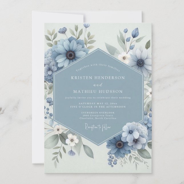 Dusty Blue Whimsical Bloom Wedding Invitation (Front)