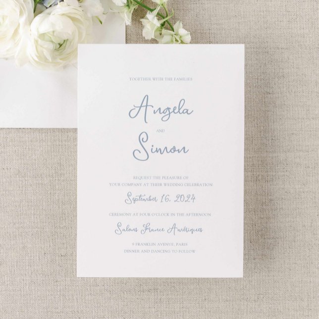 Dusty Blue Whimsical Bow Cherub Wedding Invitation (dusty blue wedding invitation, vintage french inspired hand written cherub bow illustrated)