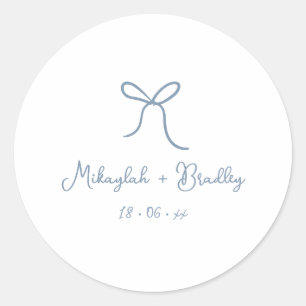 Dusty Blue Whimsical Bow Personalised Wedding  Classic Round Sticker