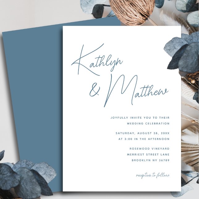 Dusty Blue Whimsical Script Minimalist Wedding Invitation (Creator Uploaded)