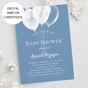 Dusty blue white balloons boy baby shower invitation