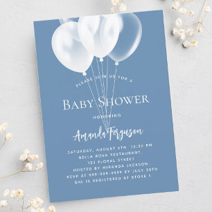 Dusty blue white balloons boy baby shower invitation postcard