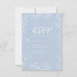Dusty Blue White Botanical Leaves Wedding  RSVP Card