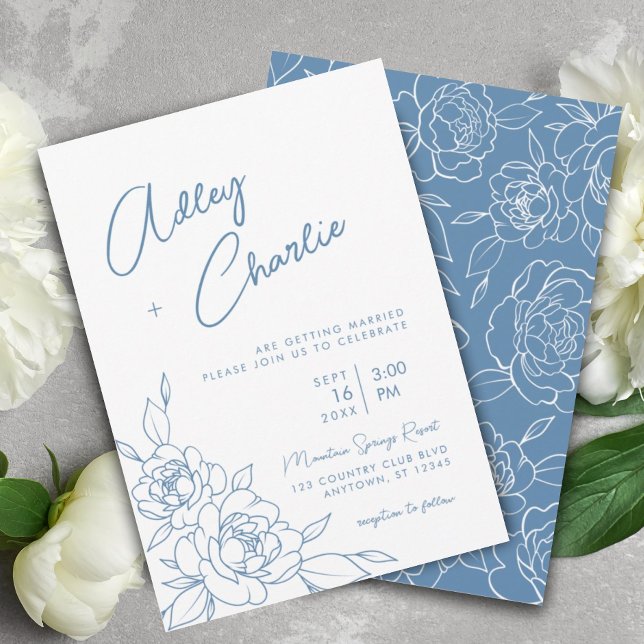 Dusty Blue & White Botanical Line Drawing Wedding Invitation (Creator Uploaded)