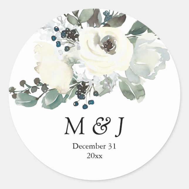Dusty Blue & White Botanical Monogram Classic Round Sticker (Front)