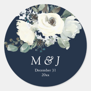Dusty Blue & White Botanical Monogram- Navy Classic Round Sticker