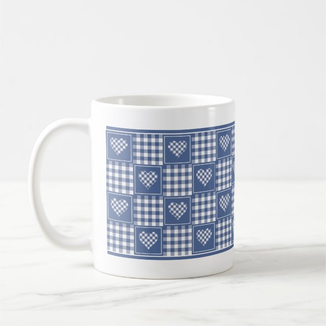 Dusty Blue White Buffalo Plaid Patchwork Hearts Coffee Mug (Left)