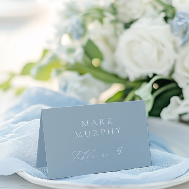 Dusty Blue & White Calligraphy Wedding Place Card (Dusty Blue & White Wedding Place Card - Adjust name placement with a space at the beginning)