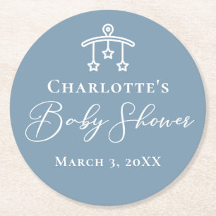 Dusty Blue White Chic Minimalist Baby Shower Round Paper Coaster