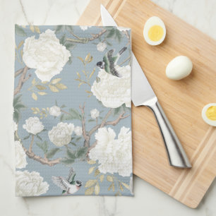 Dusty Blue White Chinoiserie Floral Porcelain Tea Towel