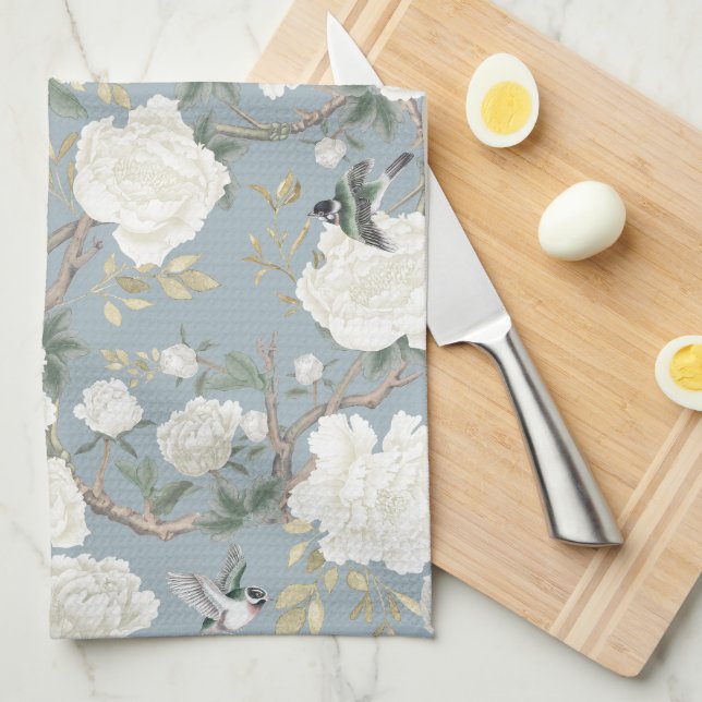 Dusty Blue White Chinoiserie Floral Porcelain Tea Towel (Quarter Fold)
