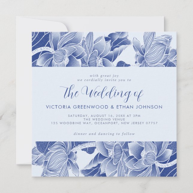 Dusty Blue White Chinoiserie Floral Square Wedding Invitation (Front)
