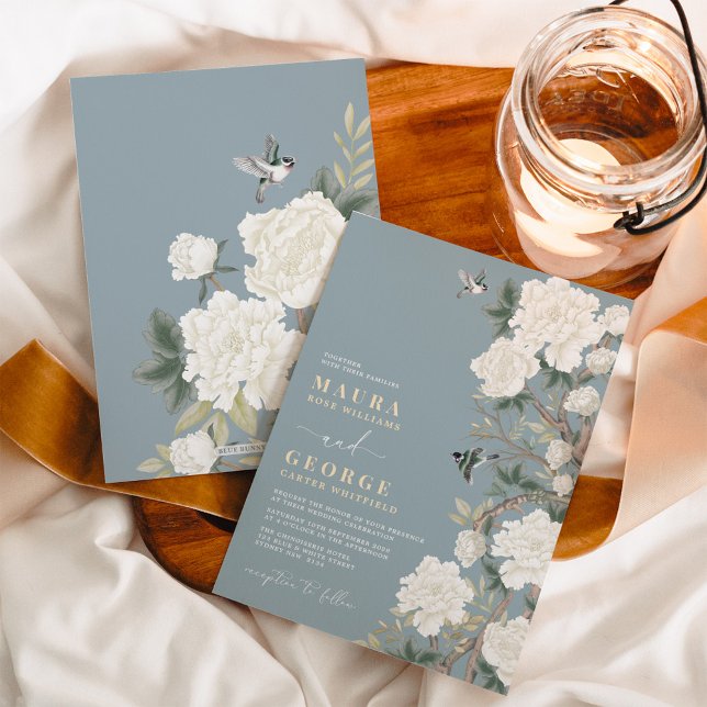 Dusty Blue White Chinoiserie Flower Garden Wedding Invitation (Creator Uploaded)