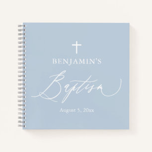 Dusty Blue White Cross Boy Baptism Guest Book