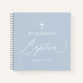 Dusty Blue White Cross Boy Baptism Guest Book
