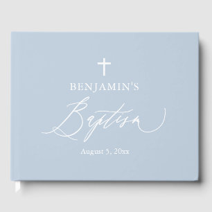 Dusty Blue White Cross Boy Baptism Guest Book