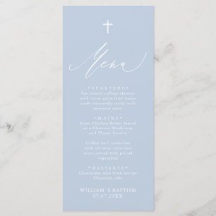 Dusty Blue White Cross Boy Baptism Menu Card