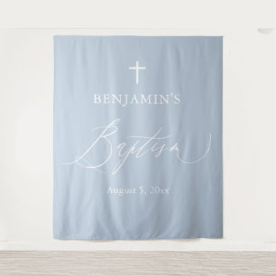 Dusty Blue White Cross Boy Baptism Photo Backdrop Tapestry