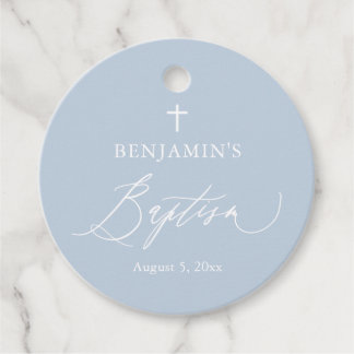 Dusty Blue White Cross Boy Baptism Round Favour Ta Tags