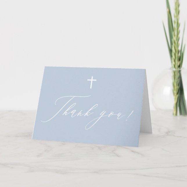 Dusty Blue White Cross Boy Baptism Thank You Card (Front)