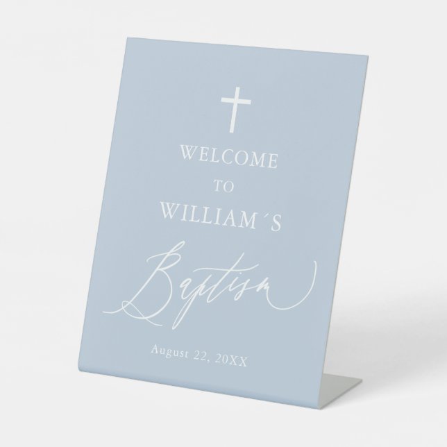 Dusty Blue White Cross Boy Baptism Welcome Sign (Front)