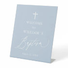 Dusty Blue White Cross Boy Baptism Welcome Sign