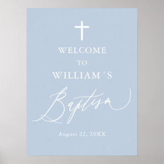 Dusty Blue White Cross Boy Baptism Welcome Sign