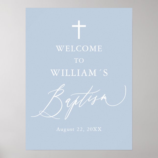 Dusty Blue White Cross Boy Baptism Welcome Sign (Front)
