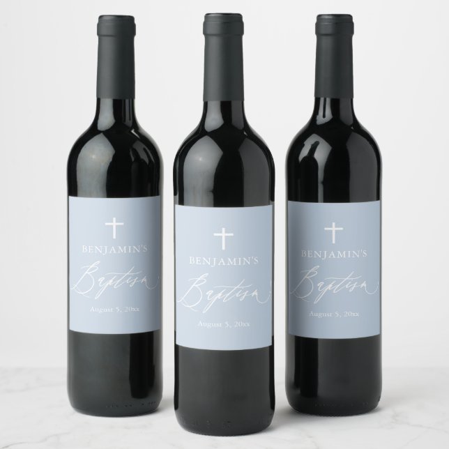 Dusty Blue White Cross Boy Baptism Wine Label (Bottles)
