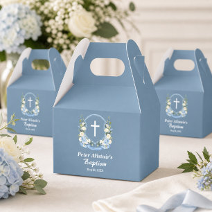 Dusty Blue White Cross Floral Crest Baptism Favour Box