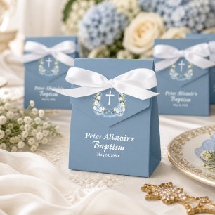 Dusty Blue White Cross Floral Crest Baptism Favour Box