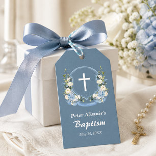 Dusty Blue White Cross Floral Crest Baptism Favour Gift Tags