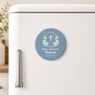 Dusty Blue White Cross Floral Crest Baptism Favour Magnet