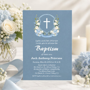 Dusty Blue White Cross Floral Crest Baptism  Invitation