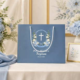 Dusty Blue White Cross Floral Crest Baptism  Large Gift Bag