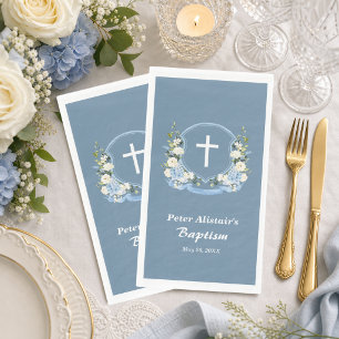 Dusty Blue White Cross Floral Crest Baptism Napkin