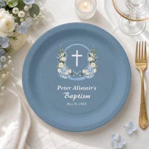 Dusty Blue White Cross Floral Crest Baptism Paper Plate