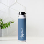 Dusty blue white custom name script water bottle<br><div class="desc">Dusty blue background.  Personalise and add your name.   White coloured handwritten style script.</div>