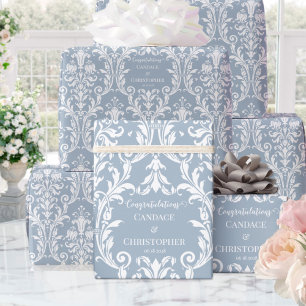 Dusty Blue White Damask Add Name & Congratulations Wrapping Paper